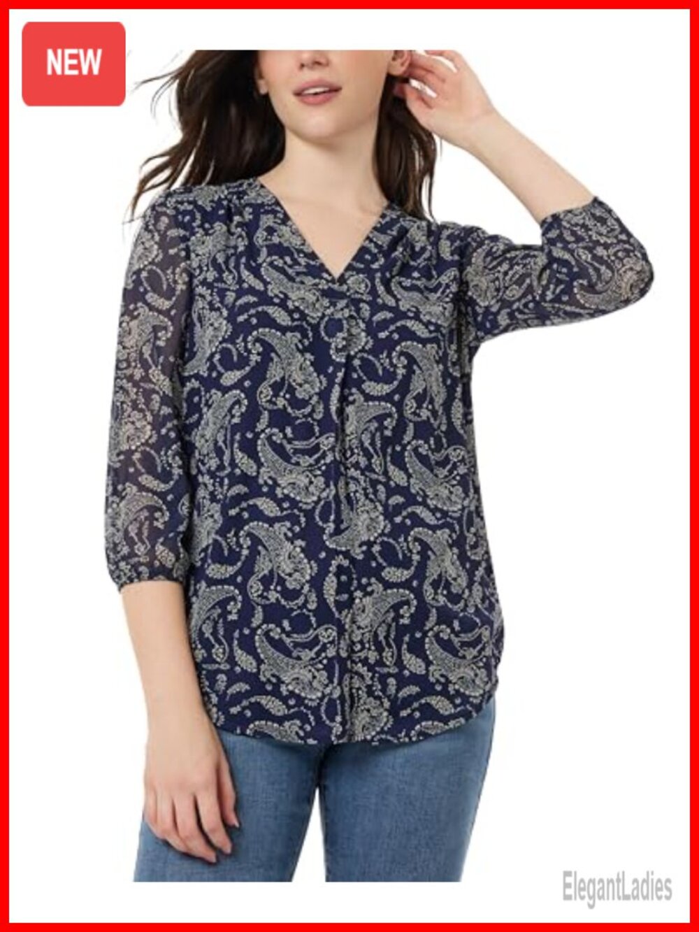 Jones New York 3/4 Sleeve Pleat Front V-Neck Printed Tunic Top